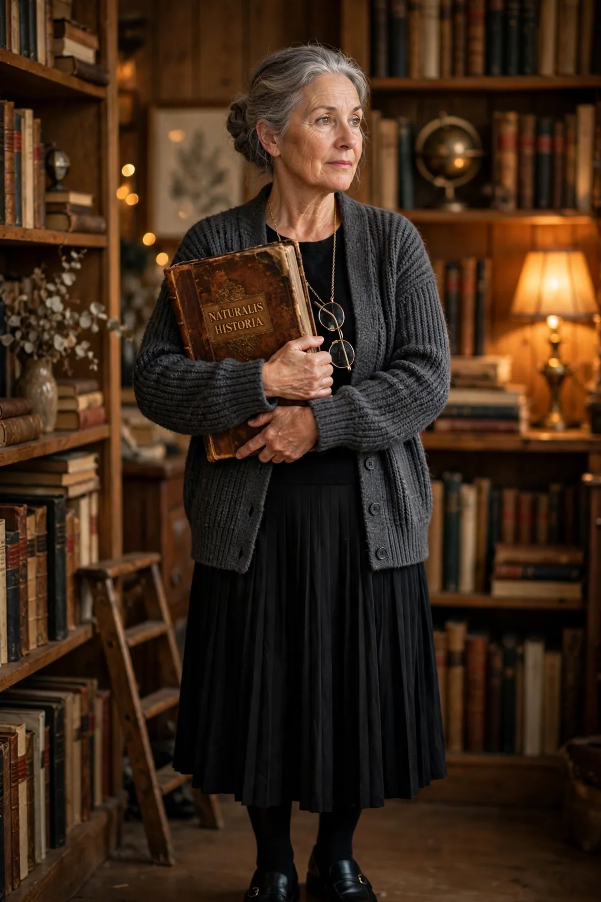 Woman over 50 in a gray cardigan holding a big spell book, a bookish witch Halloween costume idea
