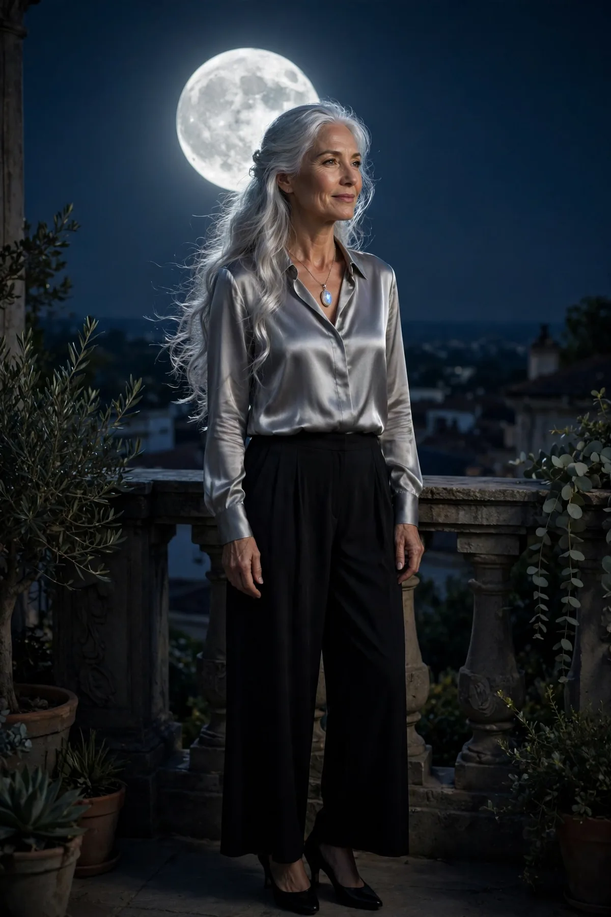 Woman over 50 in a silver satin blouse and black trousers, a moonlight witch Halloween costume