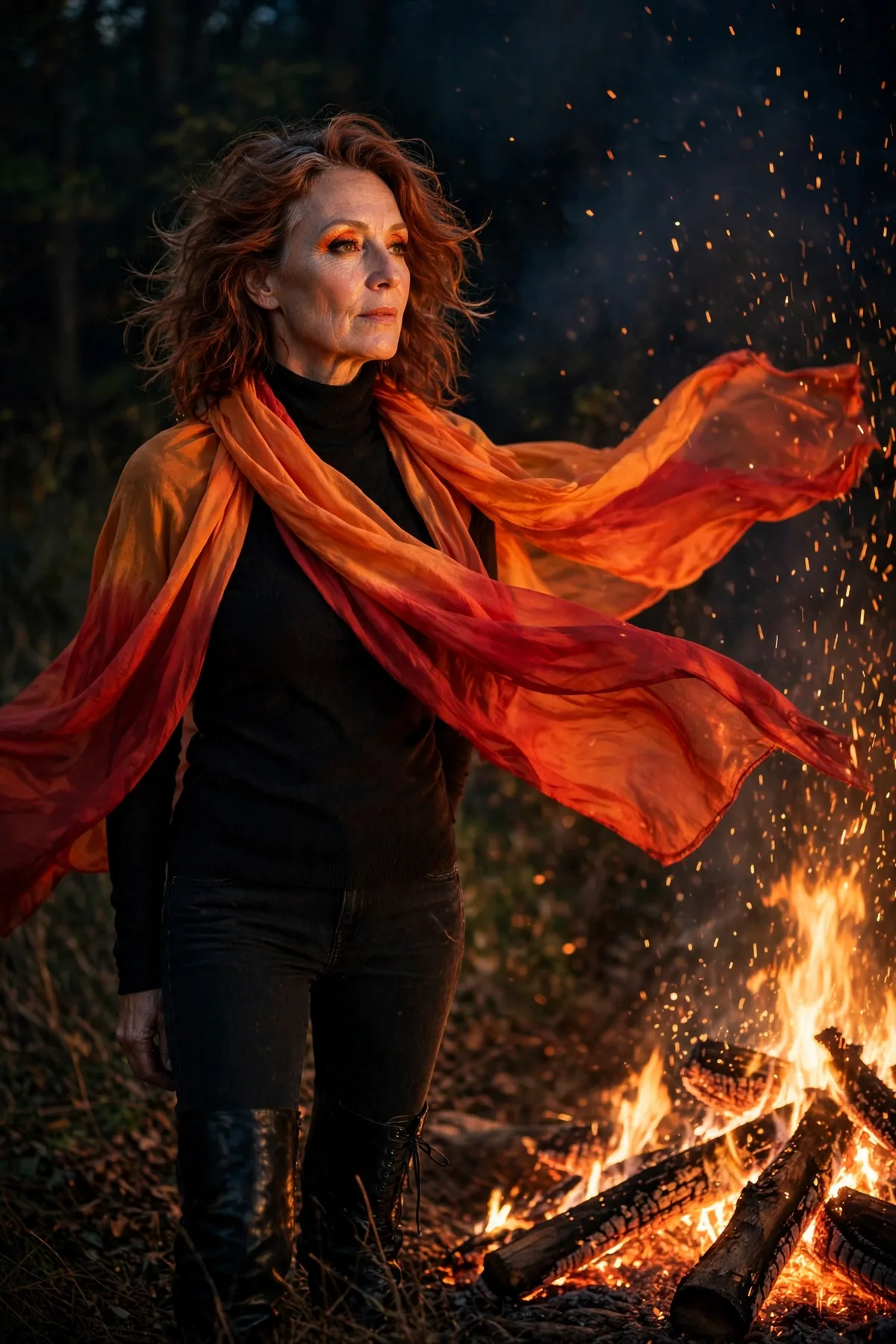 Woman over 50 in black with an orange-red scarf, a fire witch Halloween costume idea
