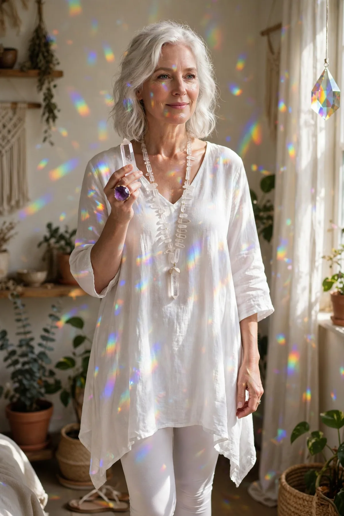 Woman over 50 in white with a crystal necklace, a crystal witch Halloween costume idea
