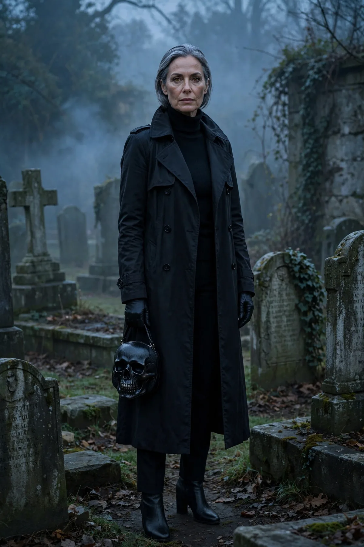 Woman over 50 in a black trench coat with a skull purse, a graveyard witch Halloween costume