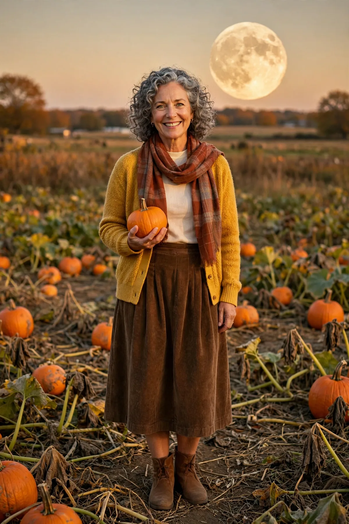 Woman over 50 in a mustard cardigan holding a pumpkin, a harvest witch Halloween costume idea