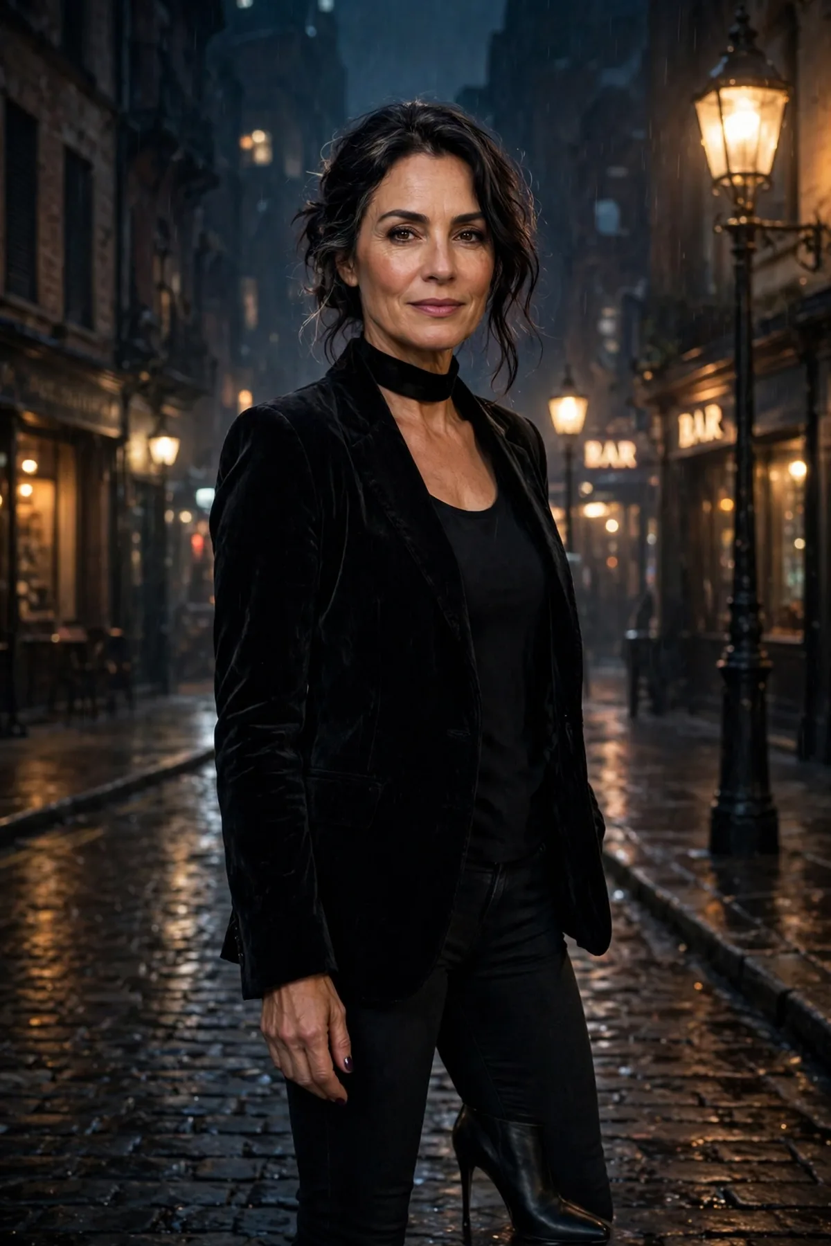 Woman over 50 in a black velvet blazer and choker, a midnight witch Halloween costume idea