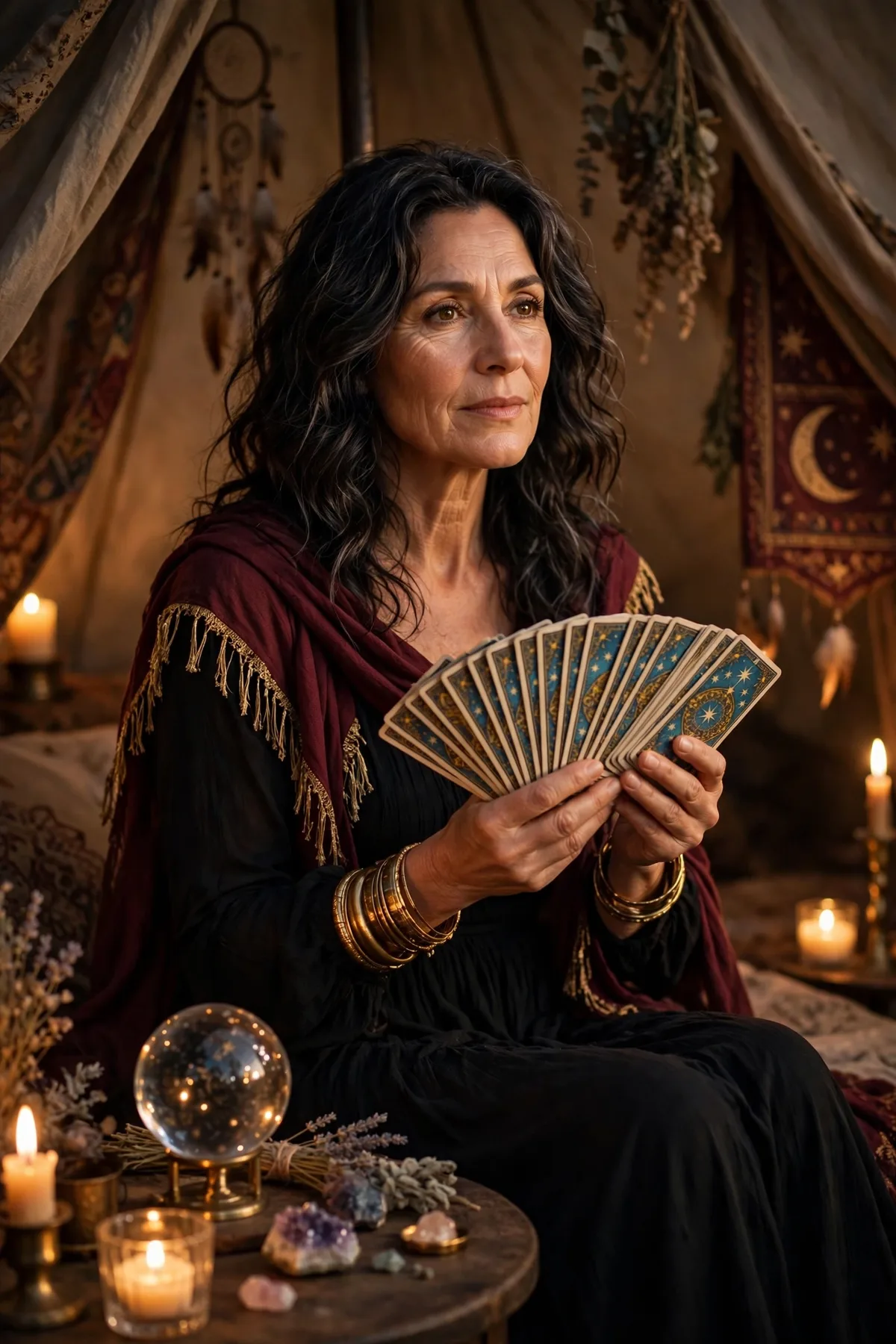 Woman over 50 in a black maxi dress with tarot cards, a fortune teller witch Halloween costume