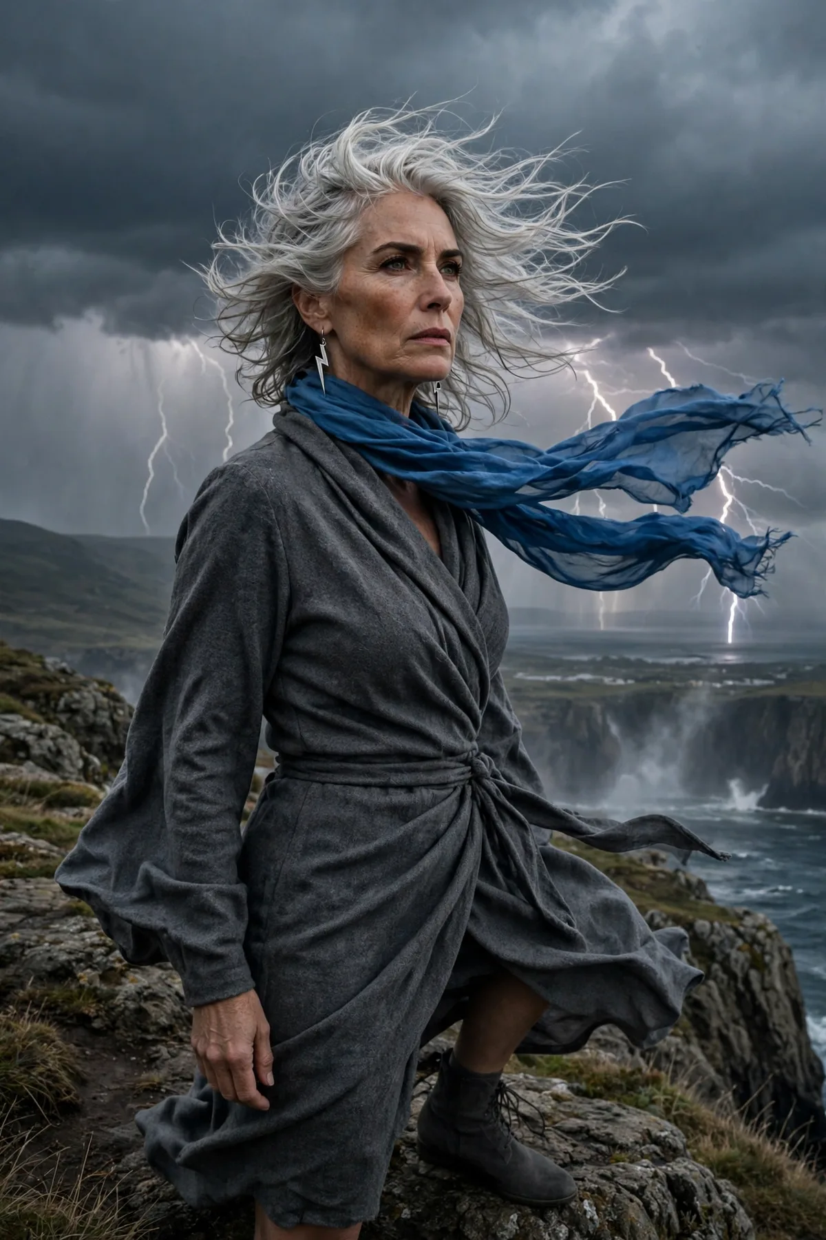 Woman over 50 in a charcoal wrap dress with lightning earrings, a storm witch Halloween costume idea