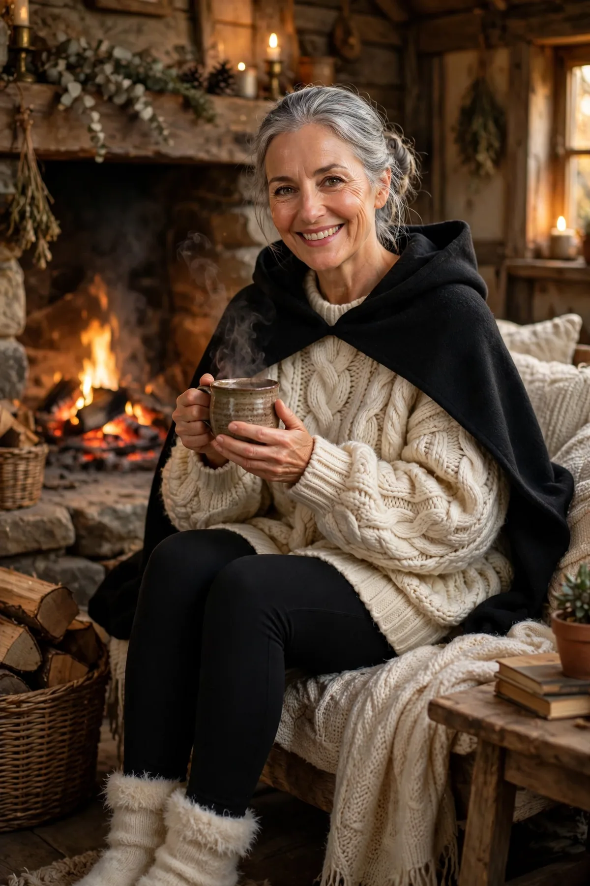Woman over 50 in a chunky cream knit and hooded capelet, a cozy cottage witch Halloween costume
