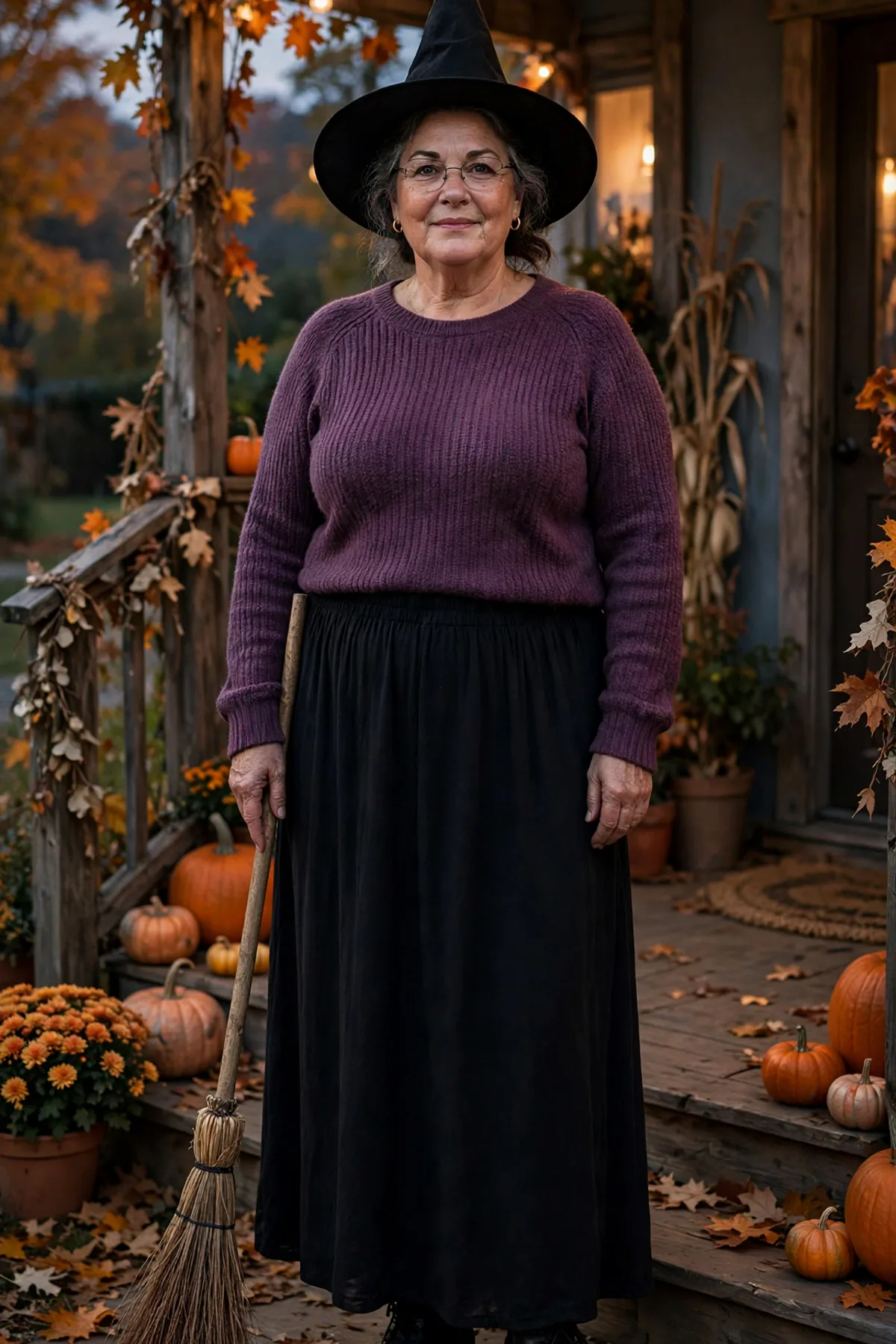 Woman in a black maxi skirt, plum knit and pointed hat, a plus size witch Halloween costume