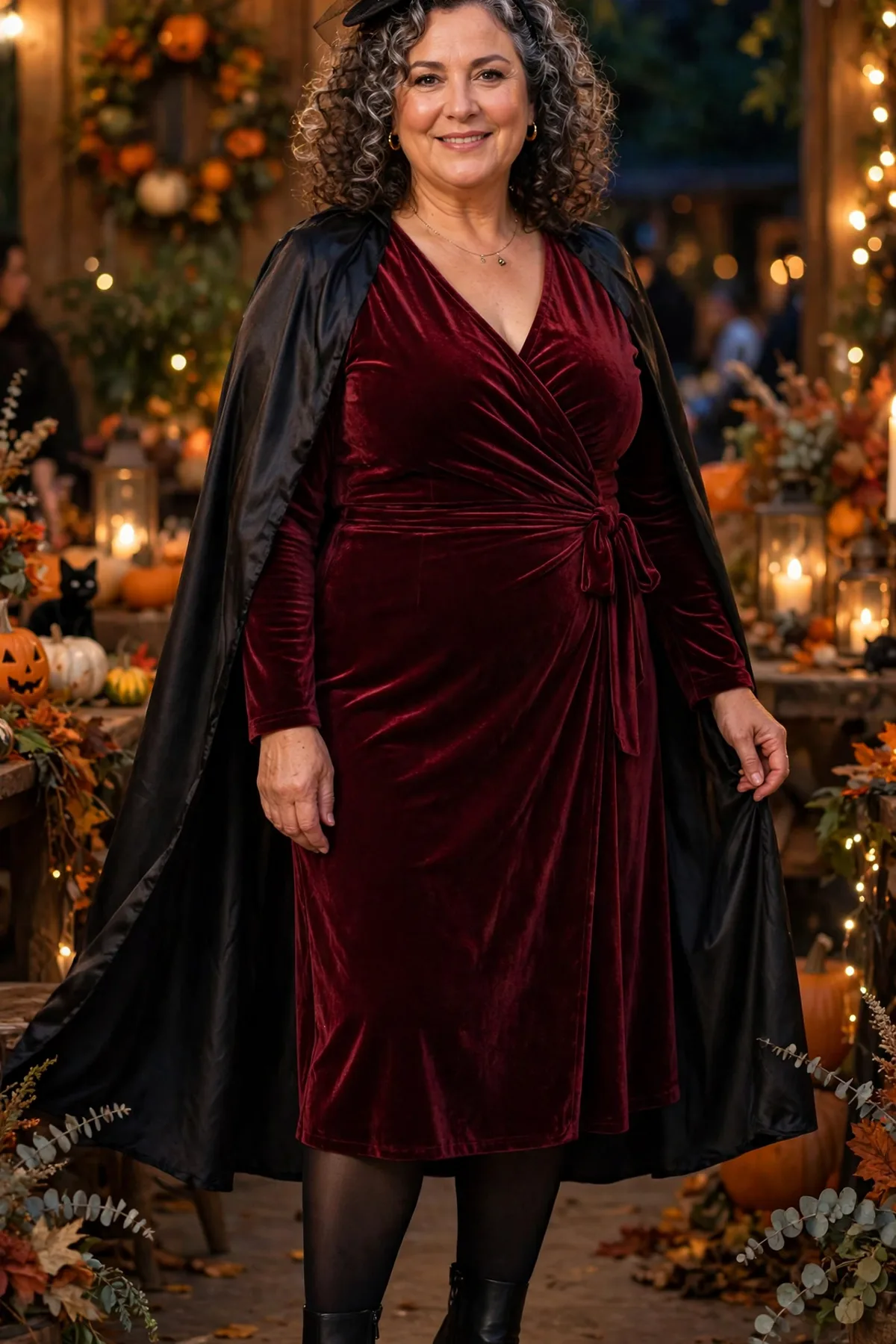 Woman in a burgundy velvet wrap dress and cape, an elegant plus size witch Halloween costume