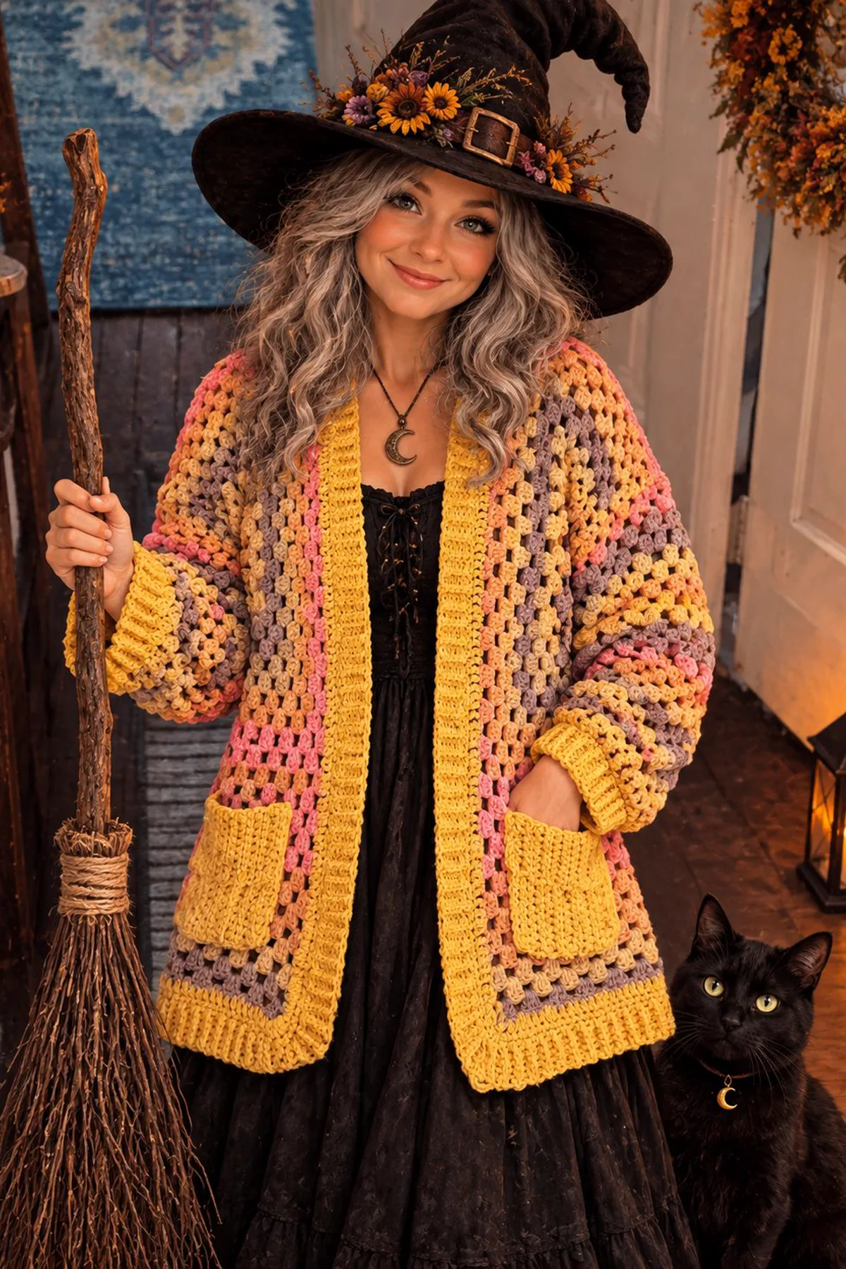 Woman in a purple tiered skirt and black cardigan with a sunflower hat, a cottage witch costume