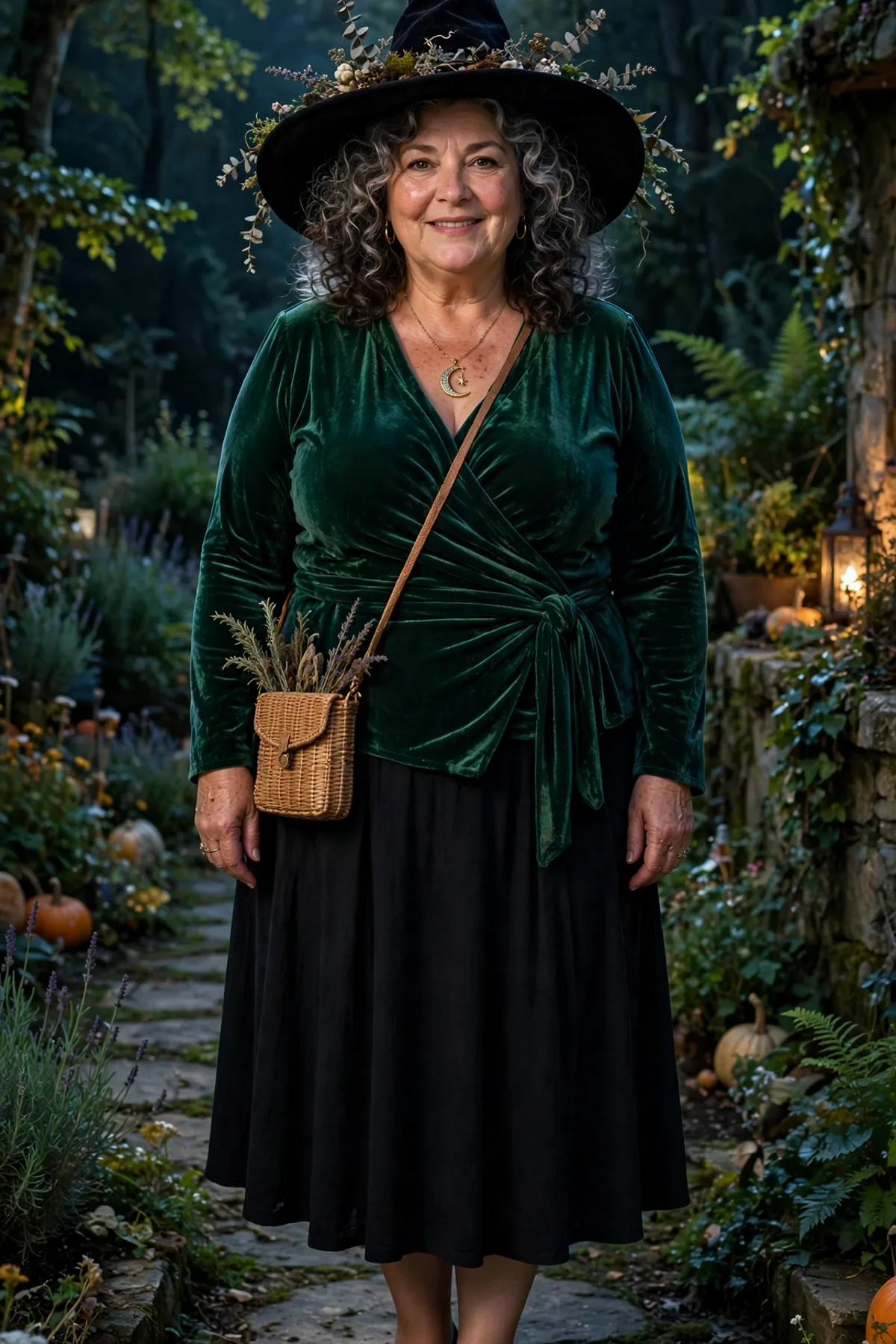 Woman in an emerald velvet top and black skirt with a hat, a plus size forest witch costume