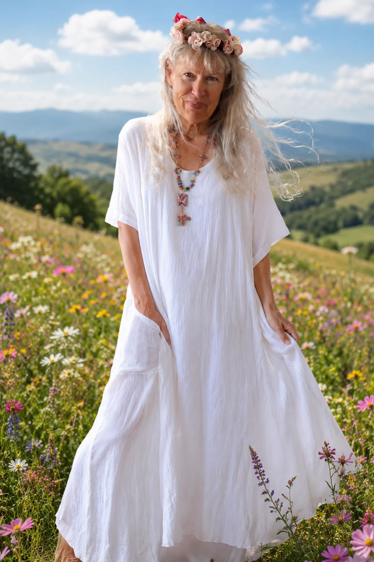 Woman in a cream gauze dress and herb crown, a plus size herbal witch Halloween costume