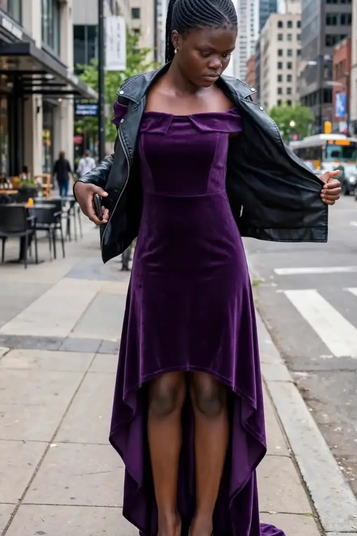 Woman in a faux leather jacket and plum knit dress, an edgy plus size witch Halloween costume