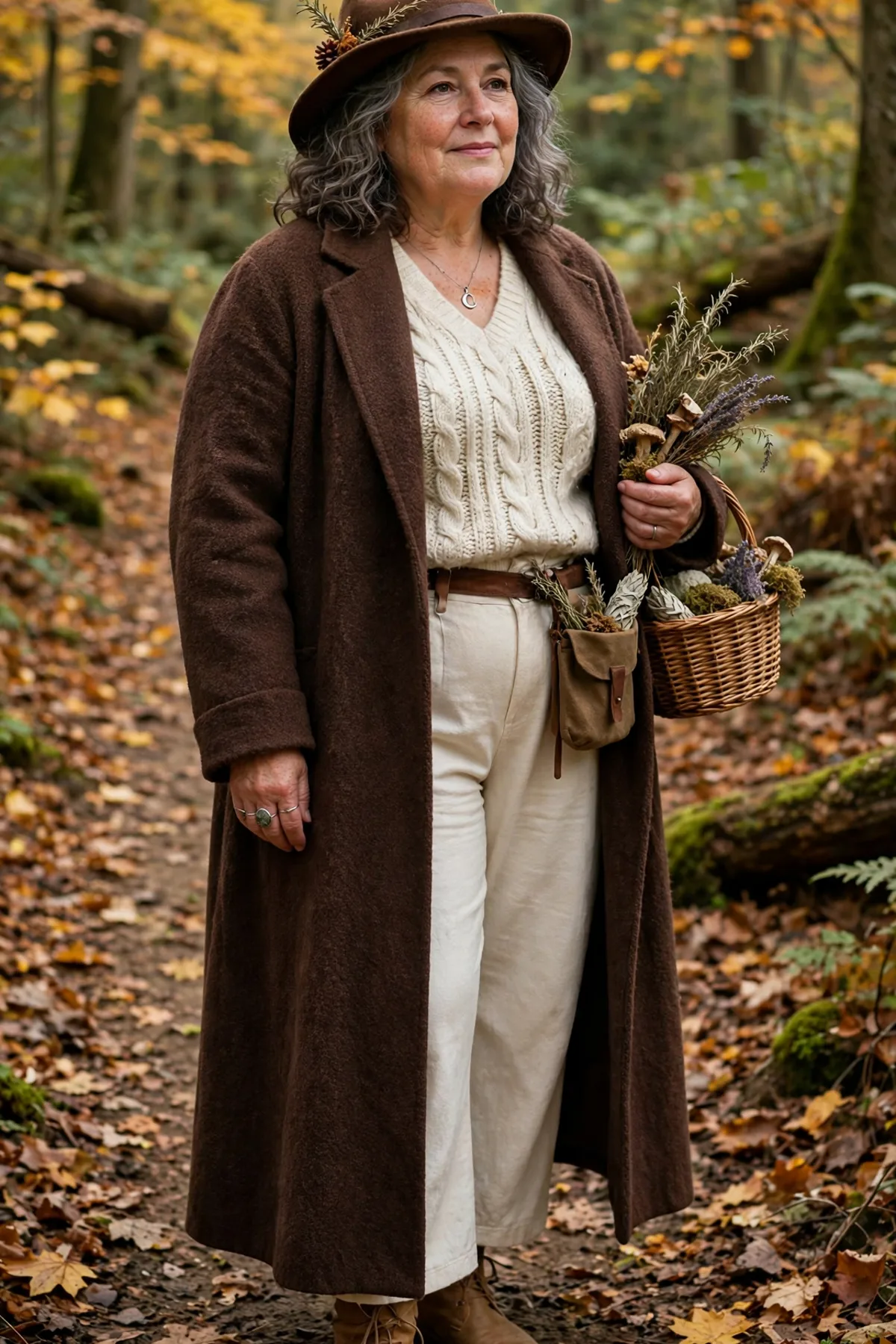 Woman in a brown coat and cream trousers with a felt hat, a plus size woodland witch costume