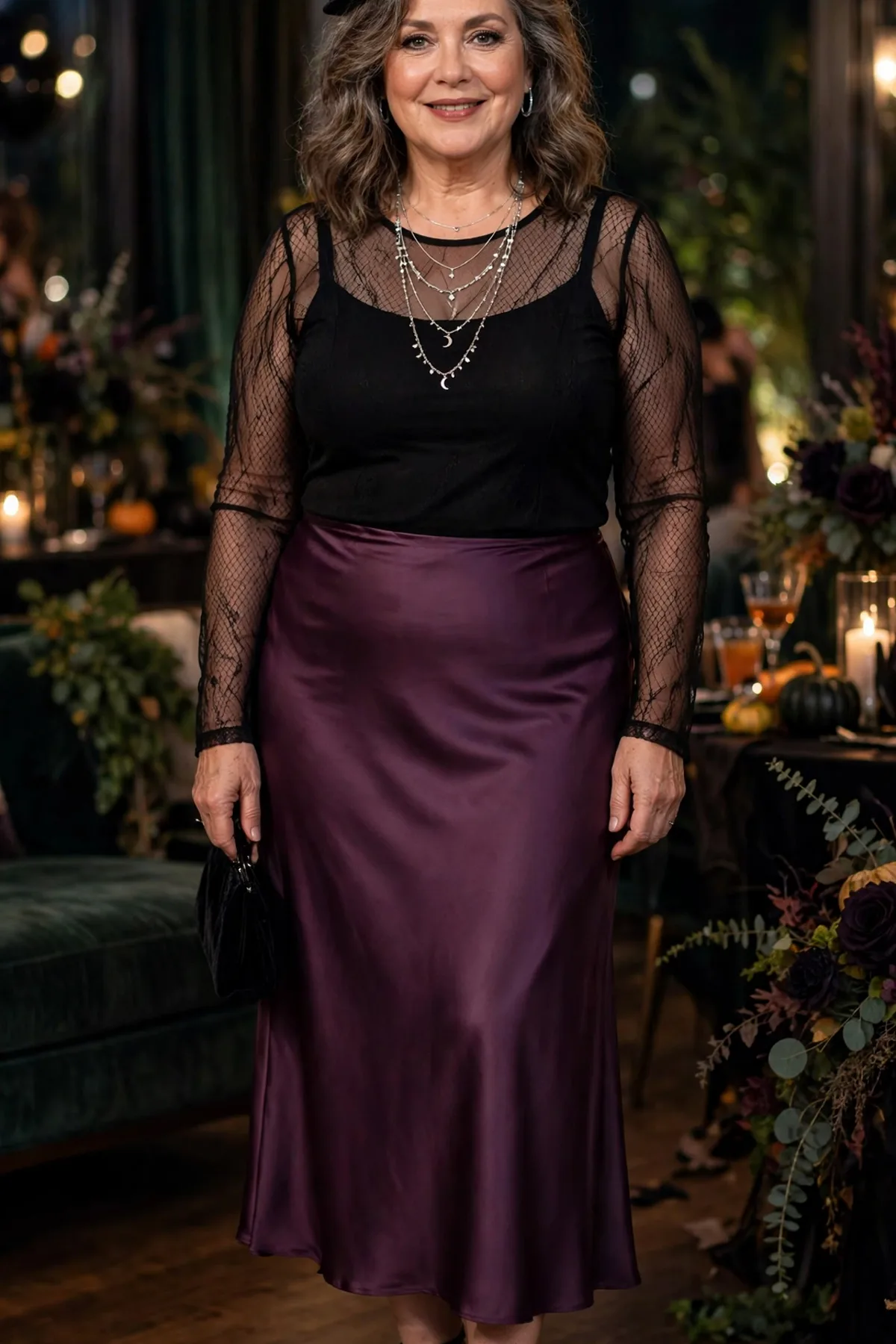 Woman in a plum satin skirt and mesh-sleeve top with a mini hat, a dressy plus size witch costume