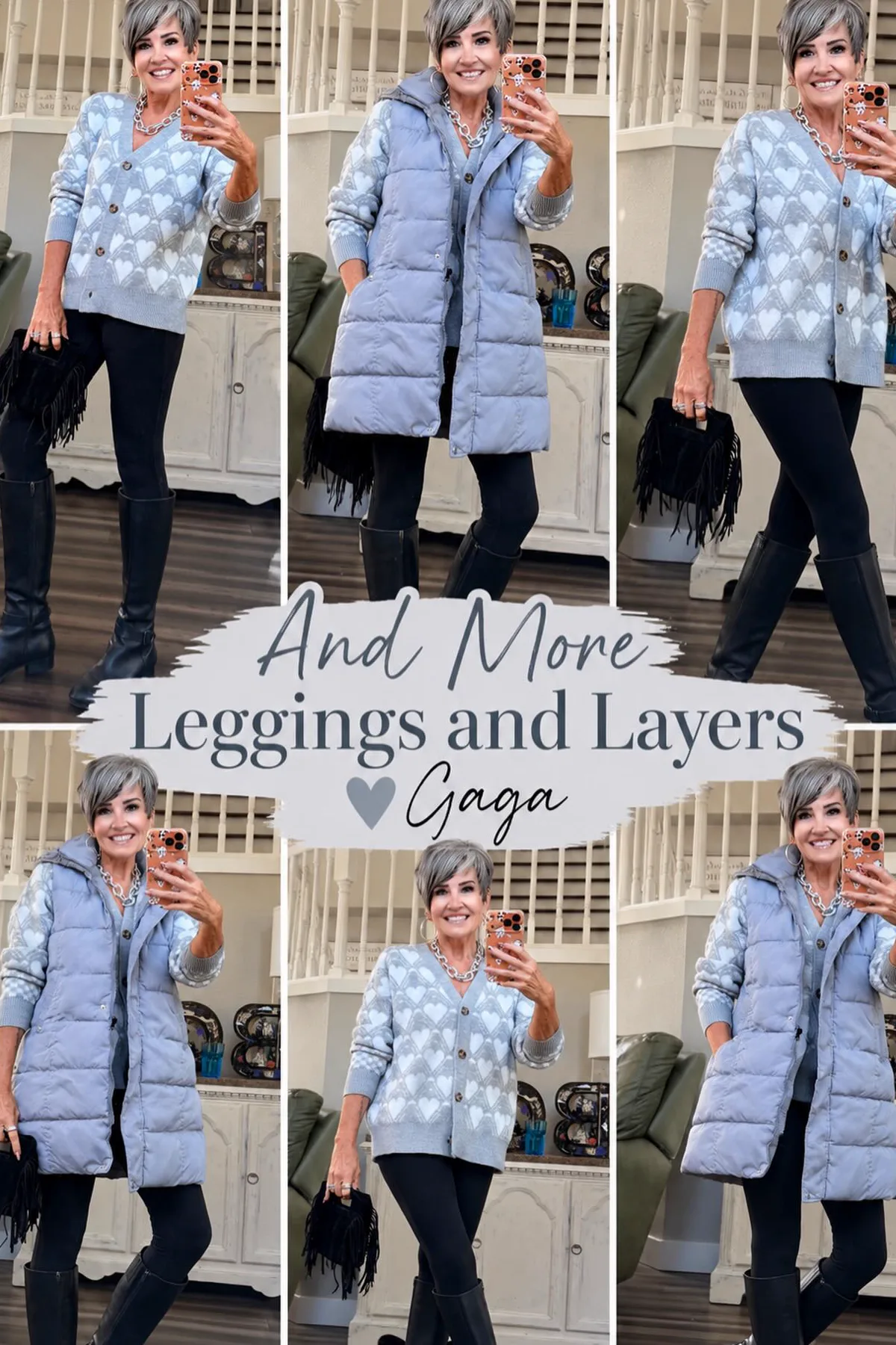 Woman in a gray cardigan and black tunic with leggings, a comfy plus size witch Halloween costume