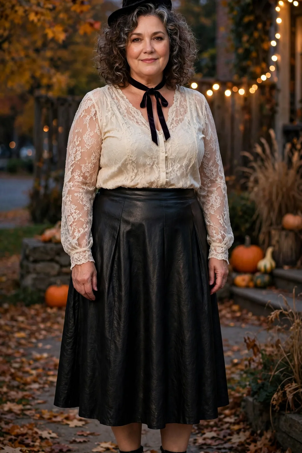 Woman in a cream lace blouse and faux leather skirt with a velvet ribbon, a romantic plus size witch costume