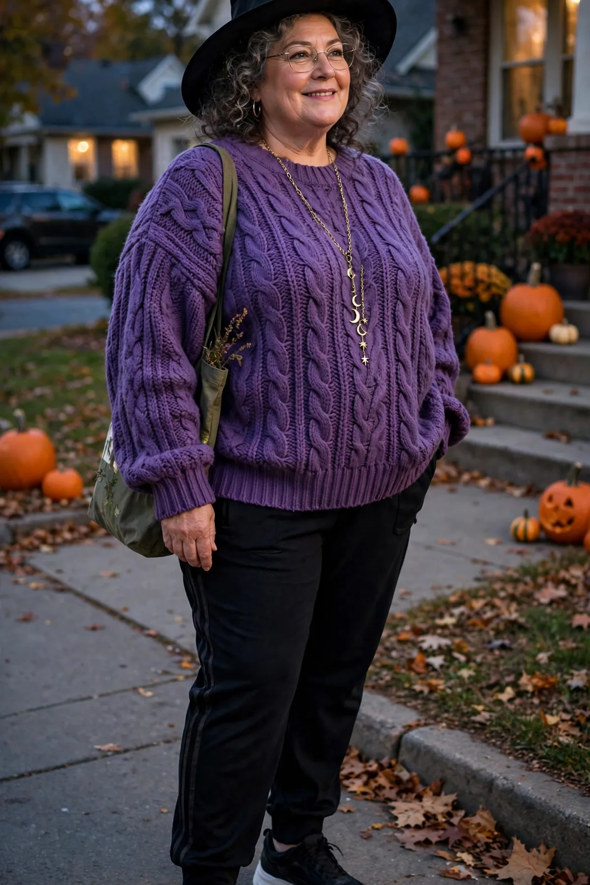 Woman in black track pants and an oversized purple knit with a hat, a comfy plus size witch costume